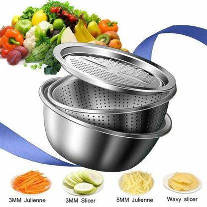 3 in 1 Multifunctional Stainless Steel Vegetable Grater and Slicer Basin Set
